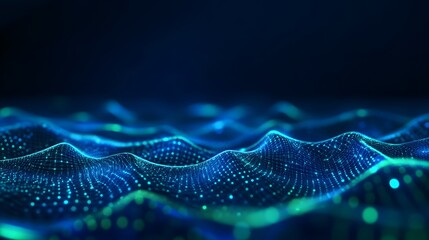 Abstract digital landscape with glowing dots and lines, representing data flow and advanced technology in a futuristic blue environment.