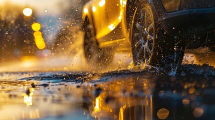 Dynamic Splash Vibrant Car Tire Driving Through Puddle Motion and Energy