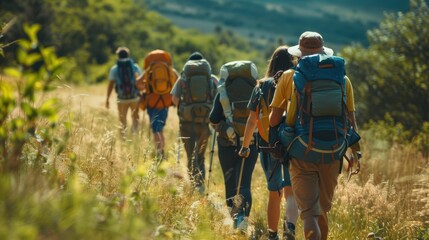 Group of friends hiking to a campsite with backpacks.