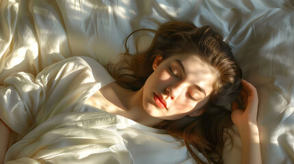 Fototapeta premium A woman sleeps peacefully in a sunlit bed, surrounded by soft white sheets, capturing the serenity of morning rest.