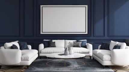 Modern Chic Living Room with Customizable Art Frame and Luxurious Marble Table Stylish Interior Design Scene with White Sofas and Herringbone Flooring