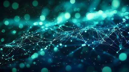 Abstract digital network connecting dots and lines with glowing teal colors, representing technology and data communication.