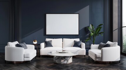 Modern Luxury Living Room with Blank Picture Frame on Dark Blue Wall Elegant Interior Design Inspiration for Custom Artwork