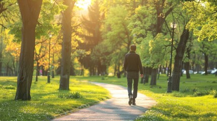 Obraz premium Man taking a leisurely stroll through a park.