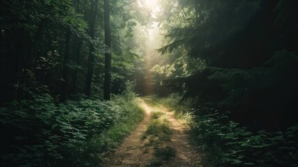 Path through a dense forest with sunlight filtering through.