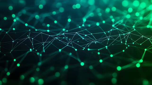 Abstract digital network visualization on a green and blue gradient background, depicting connectivity and technology.