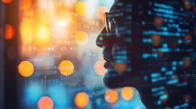 Silhouette of a person with code overlay, gazing at a city lights background.  Conceptual image representing technology, innovation, and progress.