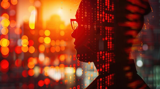 Silhouette of a person with digital code overlay, looking out at a city skyline with blurred lights. The image conveys concepts of technology, innovation, and the future.