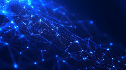 Abstract digital network with glowing blue nodes and connections representing technology, data connections, and futuristic communication.