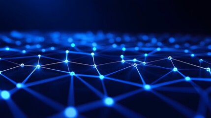 Obraz premium Abstract digital network with glowing blue nodes connecting in a dark space, representing data, technology, and communication.