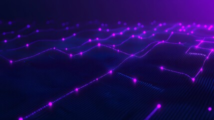 Obraz premium Abstract digital network with glowing purple nodes on dark blue background, representing technology and data connections.