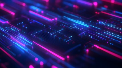 Abstract digital technology background with glowing neon lights in blue and pink, representing futuristic circuits and high-tech concepts.