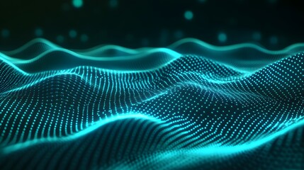 Fototapeta premium Abstract digital wave background in turquoise with glowing particles and dynamic motion, representing technology and futuristic design.