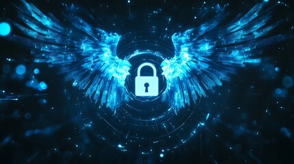 Abstract Digital Security with Blue Wings and Lock