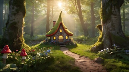 Fairytale tree house in a mysterious forest, house of pixies and elves. template for design.