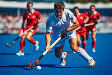 Dynamic field hockey game with a player in white uniform advancing with the ball, closely followed by players in red uniform.