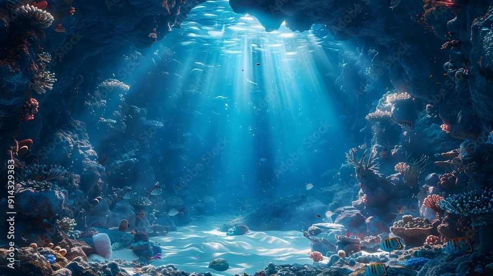 Canvas Prints Enchanting Underwater Cave with Glowing Crystals and Diverse Marine Life Exploring the Hidden Depths