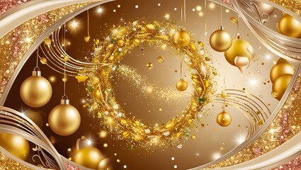 Golden Christmas particles and sprinkles swirling around shiny golden lights, set against a rich, luxurious wallpaper background. Generative AI 