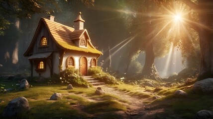 Fototapeta premium Fairytale tree house in a mysterious forest, house of pixies and elves. template for design.