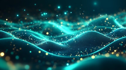 Abstract digital wave pattern with glowing particles on a dark background, representing technology, data visualization, and futuristic design.