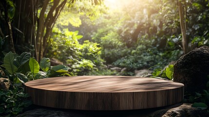 A wooden podium in the center of an outdoor forest with sunlight shining through the trees, surrounded by lush greenery and rocks