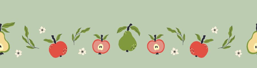 Colorful seamless horizontal pattern with apples, pears and flowers. Texture with juicy fruits and green leaves.