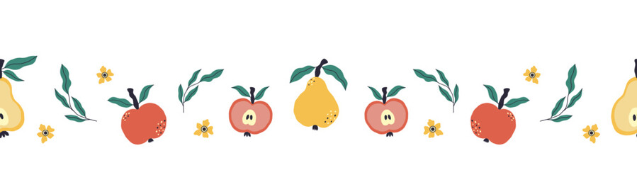 Colorful pattern with ripe apples and pears. Seamless texture with fruits, flowers and leaves.