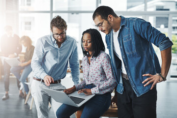 Business people, talk and laptop for training in workplace, manager helping and internship advice....