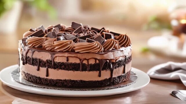 Chocolate ice cream cake, layers of fudge and cream, elegant dessert table