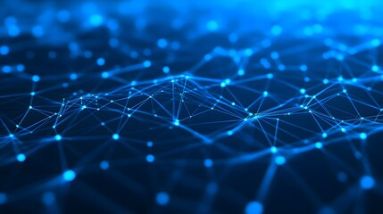 Obraz premium Abstract futuristic artificial intelligence neural network with blue dots and lines, glowing connections on a dark background.