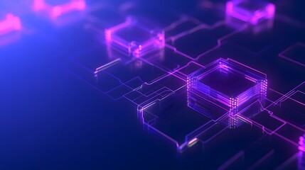 Abstract futuristic blockchain technology illustration with glowing purple cubes and connections on a dark background.