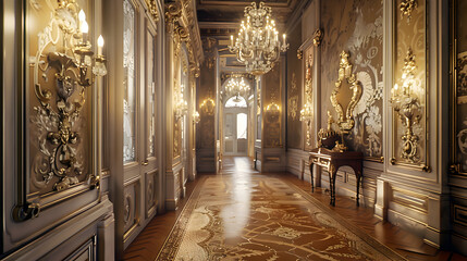 A long hallway with a chandelier hanging from the ceiling