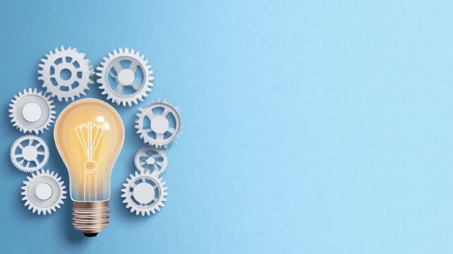 Light bulb connected to gears, mechanical concept, flat design illustration