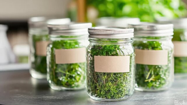 Fresh herbs in mason jars, neatly labeled, kitchen counter
