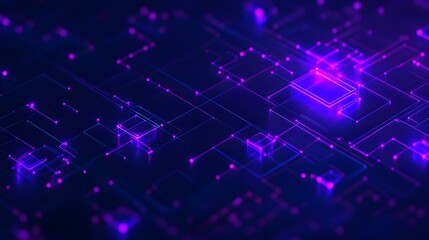 Obraz premium Abstract futuristic neon purple digital circuit board background with glowing lines and particles representing technology and innovation.