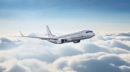 Obraz premium Commercial airplane flying above clouds in the blue sky.