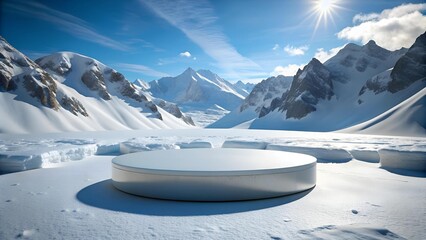 Frozen Elegance: A Circular Ice Podium Amidst Snowy Peaks  Generative AI