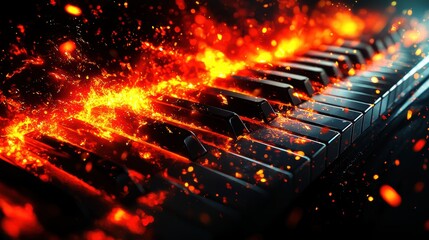 Fiery piano keys amidst a blaze of flames, creating an intense and dramatic visual representation of musical passion and energy.