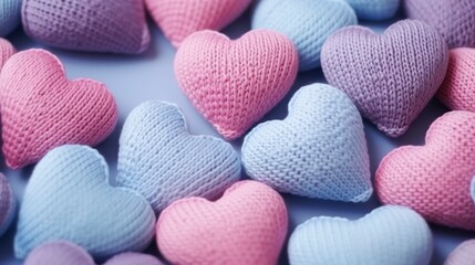 Obraz premium Valentine's day background. Blue and pink knitted hearts