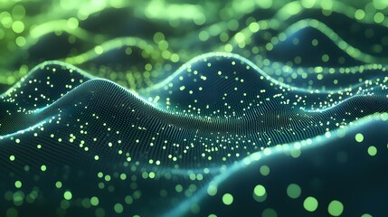 Abstract green digital landscape with glowing particles and wave patterns, perfect for technology, sci-fi, and data visualization concepts.