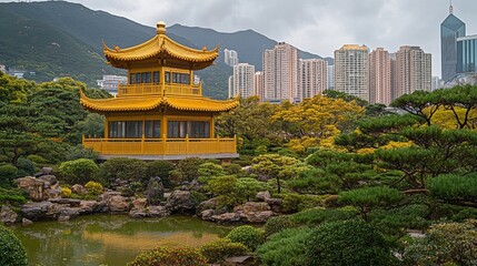 Hong kong, china - 25 november 2023 : Nan Lian garden, chinese classical garden, golden pavilion of perfection in nan lian garden, hong kong