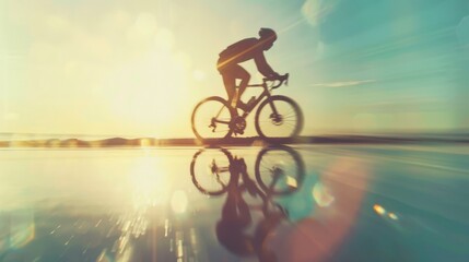 Fototapeta premium Silhouette of cyclist riding on a road with a lake reflecting the sunset.