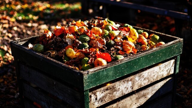 A wooden compost bin filled with various organic waste and vegetable scraps outdoors, ready for decomposition in a garden or farm setting.