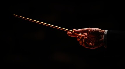 Close-up of a conductor's hand holding a baton against a dark background, emphasizing musical direction and orchestral control.
