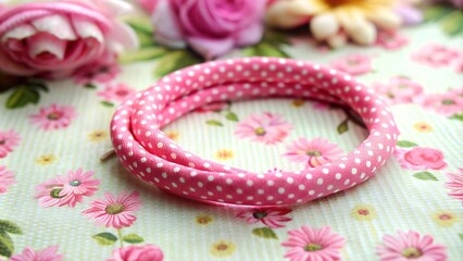 Pink Polka Dot Hair Elastic on a Floral Background  Generative AI