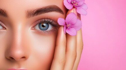 Fototapeta premium A close-up portrait of a young woman showcasing natural beauty with flowers, against a vibrant pink background.