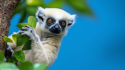 A curious lemur perched on a tree branch, surrounded by vibrant green leaves against a blue background, showcasing its distinctive features.