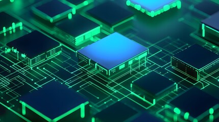 Abstract technology background featuring glowing green circuitry and chips, ideal for themes of innovation, computing, and modern tech.