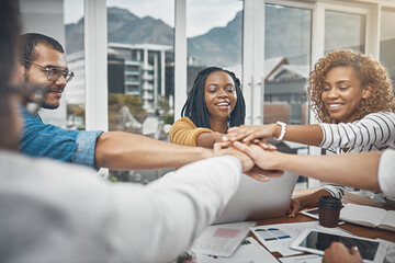 Fototapeta premium Collaboration, hands in huddle and team of business people in office together for solidarity or support. Meeting, motivation and success with employee group in creative workplace for goals or target