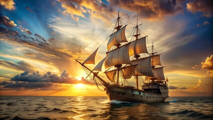 Obraz premium The Sun-Kissed Galleon: A Glimpse of Golden Hour on the Open Sea Generative AI